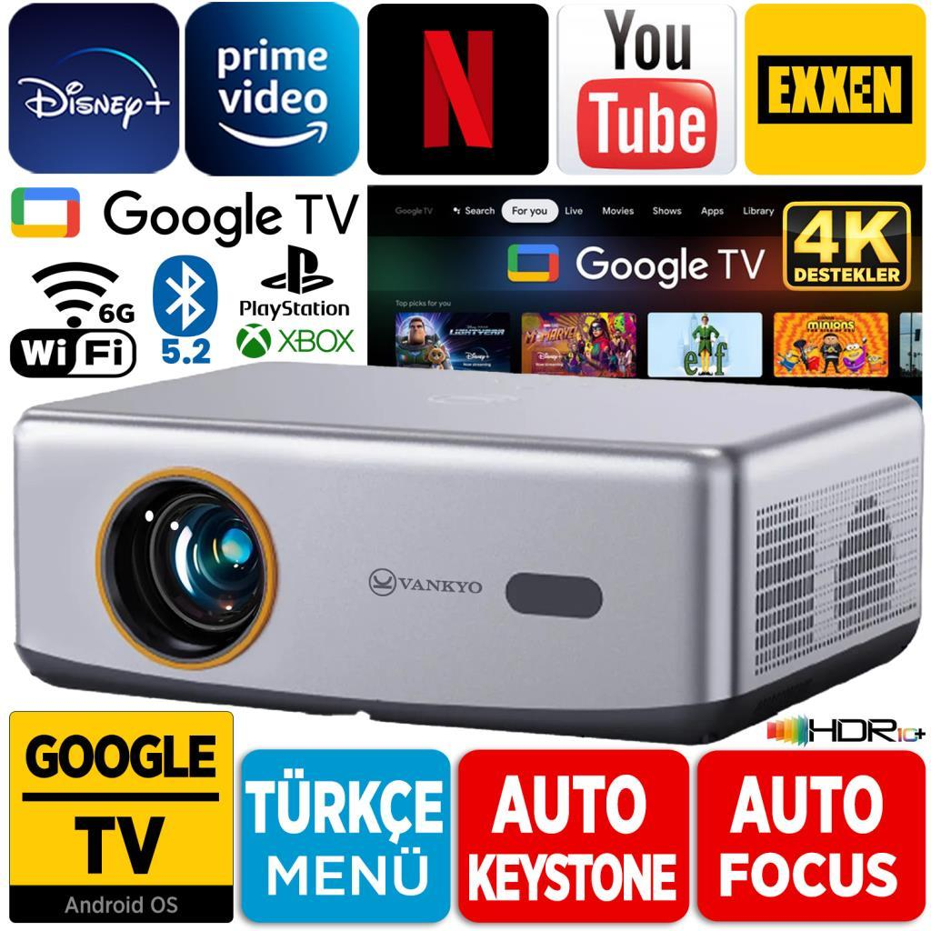 Gümüş projektör, uygulama logoları ve Google TV arayüzü. Otomatik fonksiyonlar.
