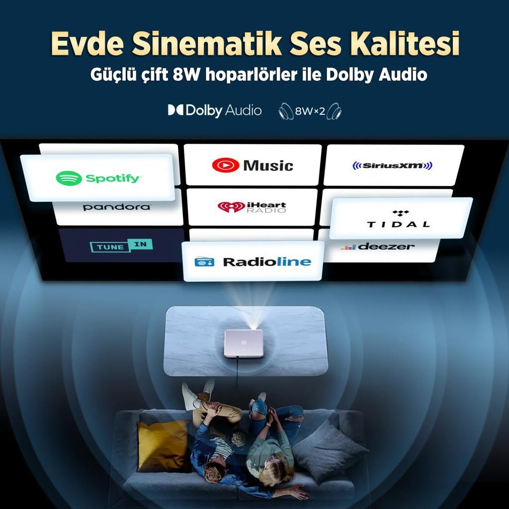 Kanepe üzerindeki bir çift, büyük ekranda müzik uygulamalarını gösteren projektöre bakıyor.