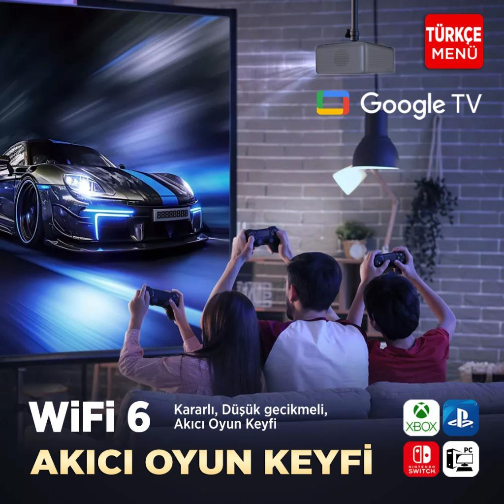 Üç kişi büyük ekranda araba yarışı oyunu oynuyor. Google TV ve Wi-Fi 6 gösteriliyor.
