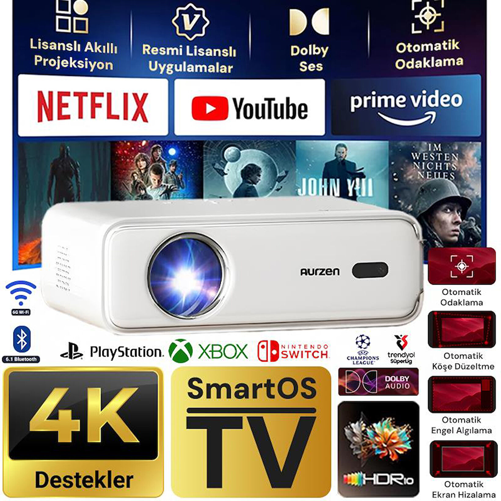 Netflix, YouTube, Prime Video ve oyun konsolu logolu beyaz bir projektör.