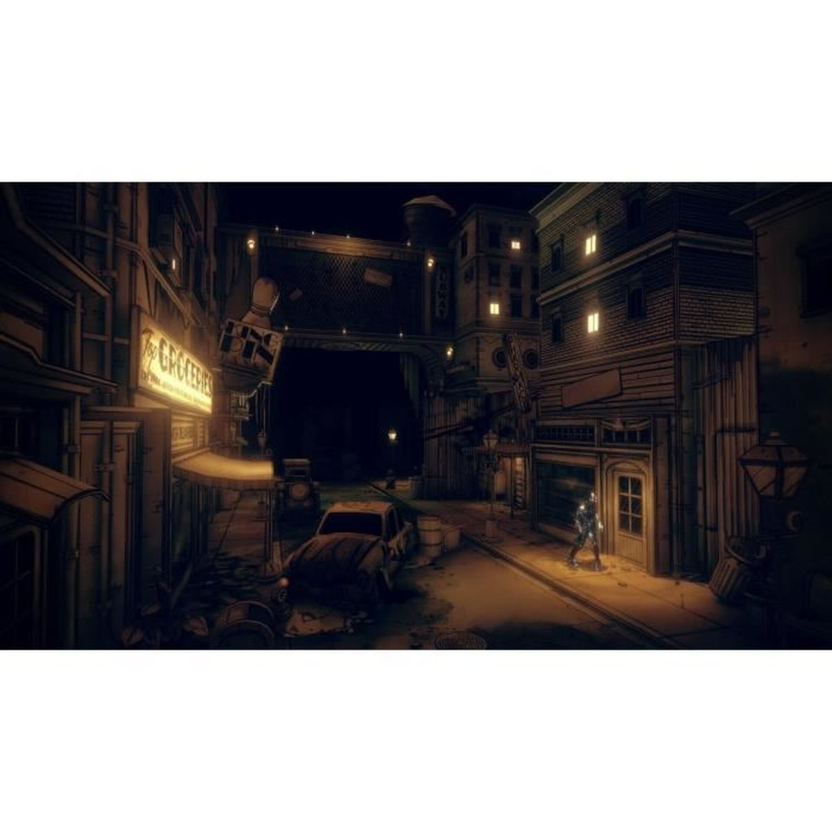 Una strada buia e fumettistica di notte con una figura solitaria vicino a una porta.