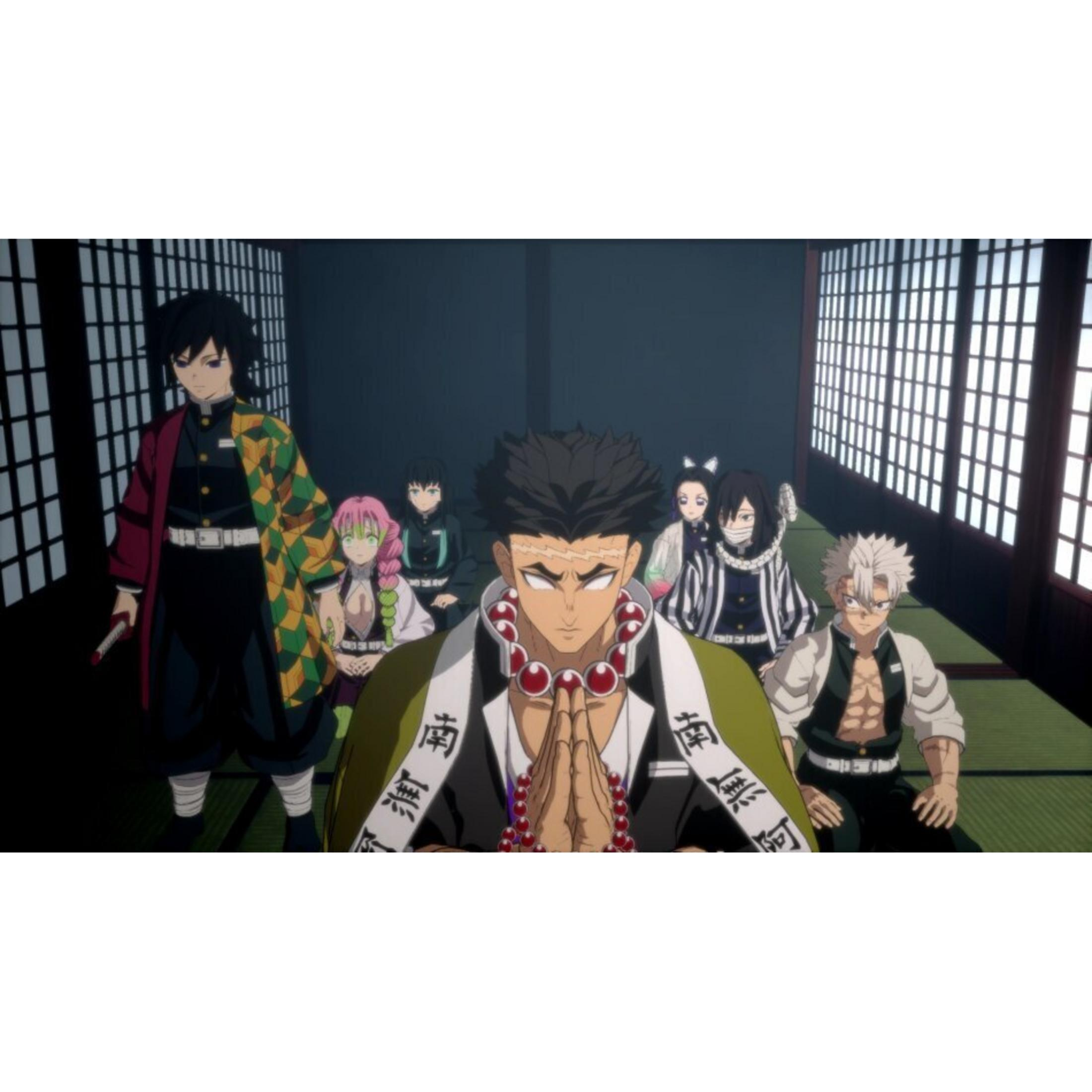 Anime-Charaktere in traditioneller Kleidung stehen in einem Raum mit Schiebetüren.
