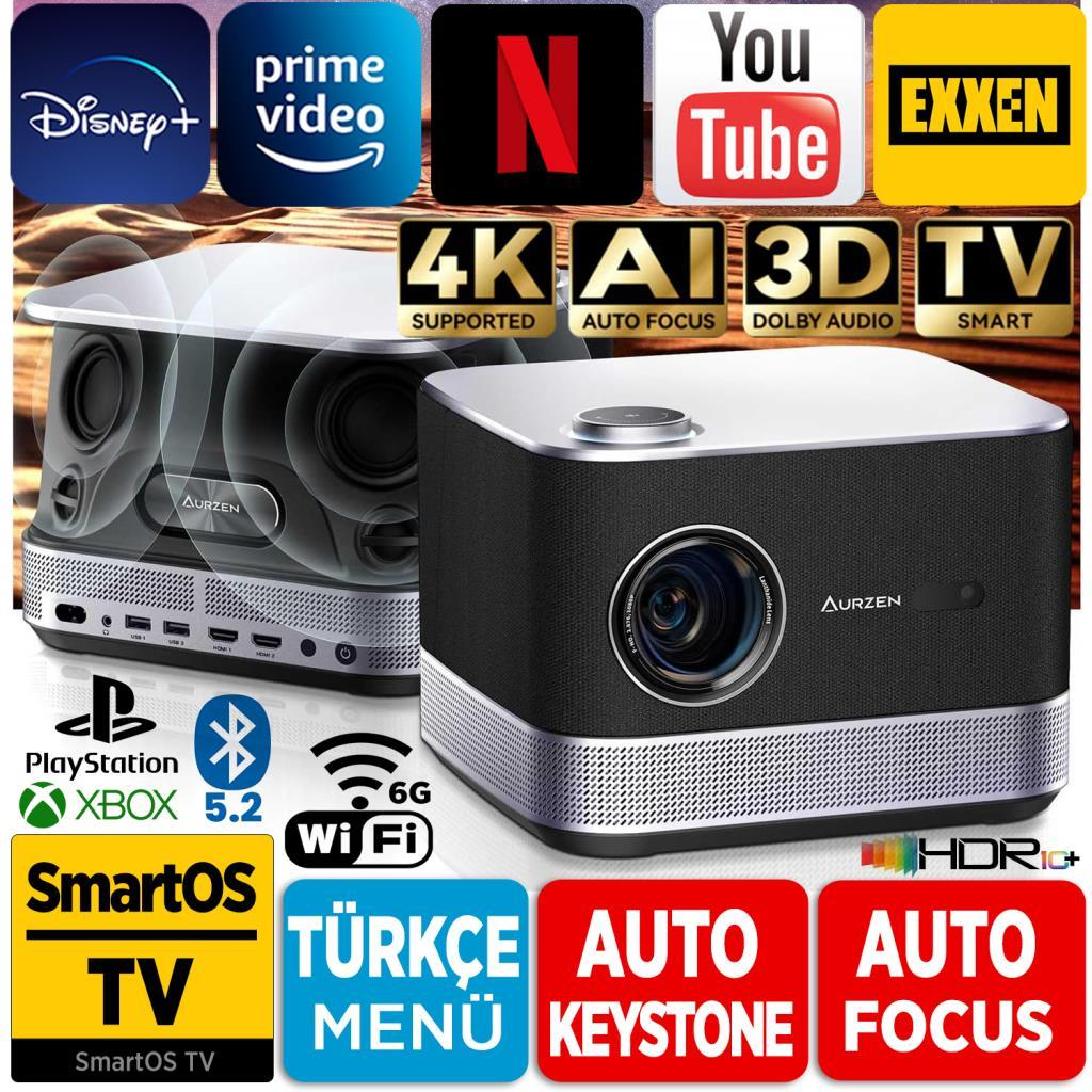 Streaming hizmetleri, 4K, AI, 3D, HDRi+ özellikli modern projektör. Bağlantı noktaları.