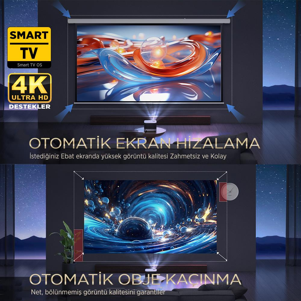 Projektör ekrana görüntü yansıtıyor. Üst: Akıllı TV, 4K. Alt: Otomatik Nesne Kaçınma.