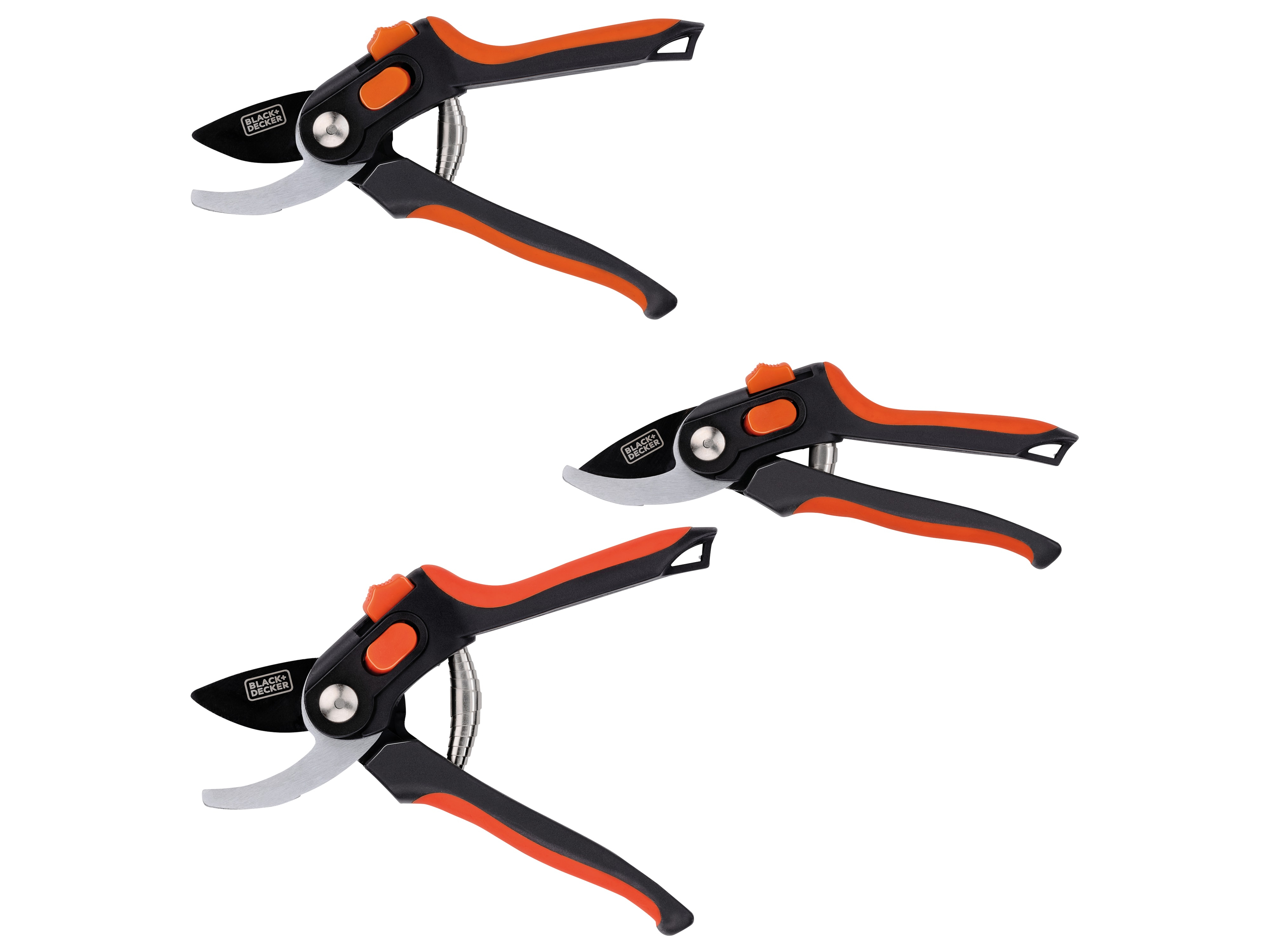 Three pruning shears with black and orange handles on a white background.