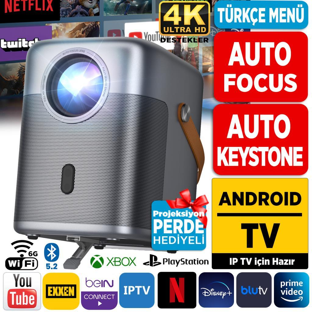 4K Ultra HD, Otomatik Odaklama, Android TV ve Türkçe Menü özellikli projektör.