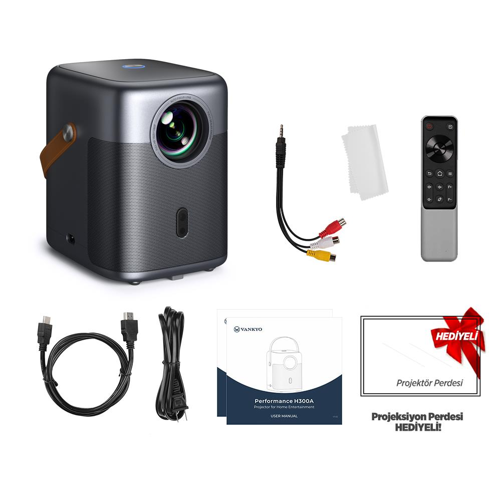 Koyu gri VANKYO projektör, uzaktan kumanda, AV kabloları, HDMI kablosu, güç kablosu ve kılavuz.