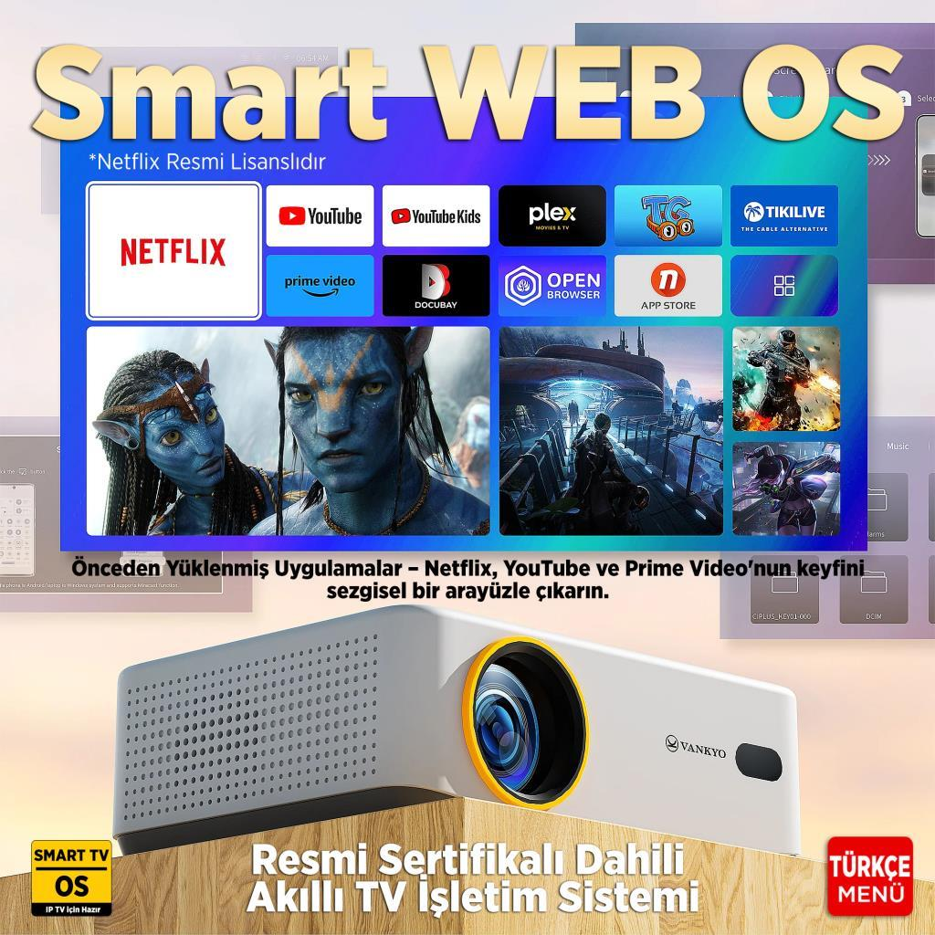 Uygulamalar, projektör ve Avatar karakterleri ile Smart TV OS. Resmi işletim sistemi.