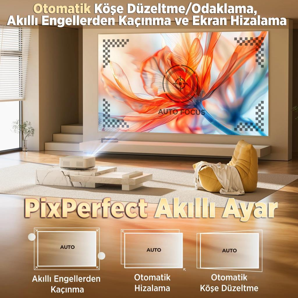 Projektör, oturma odasında büyük bir ekrana görüntü yansıtıyor.