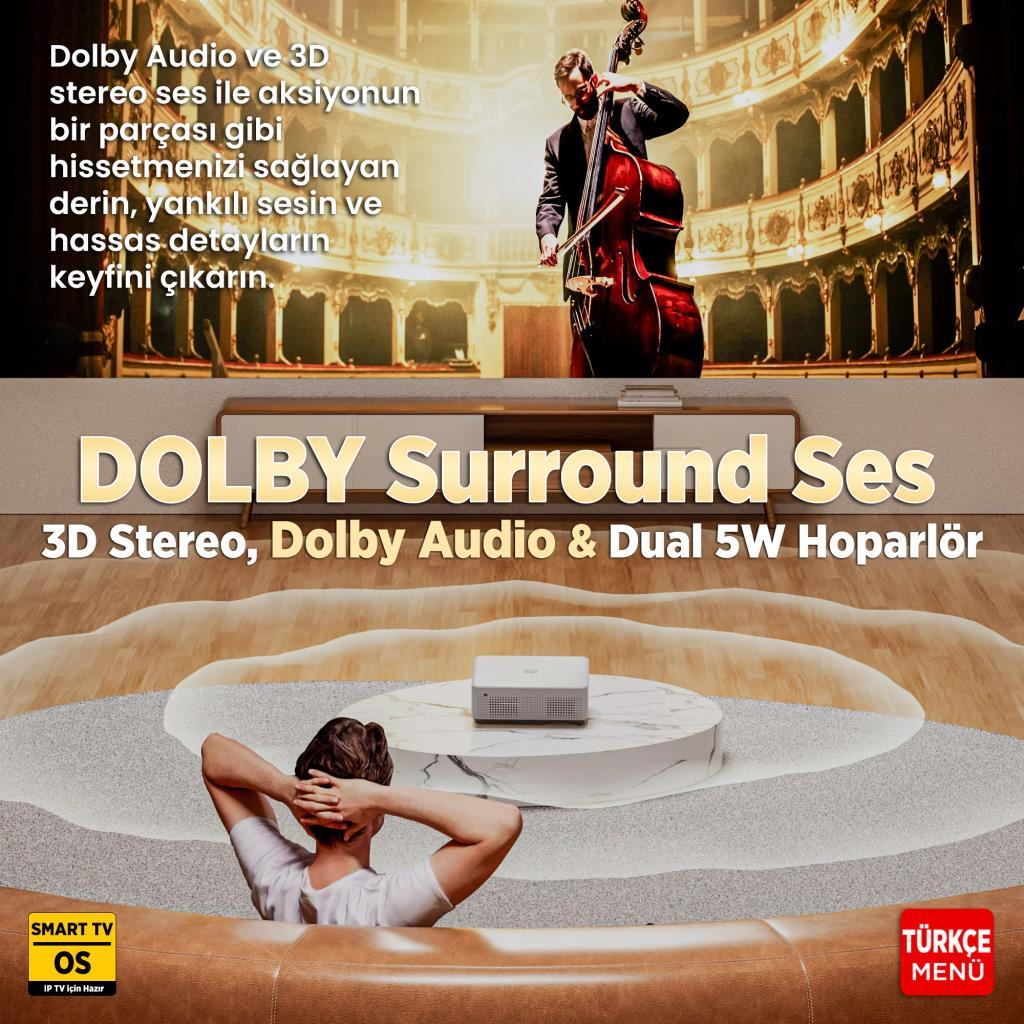 Koltuktaki adam masadaki projektöre bakıyor, konser salonu ve çellist fonuyla.