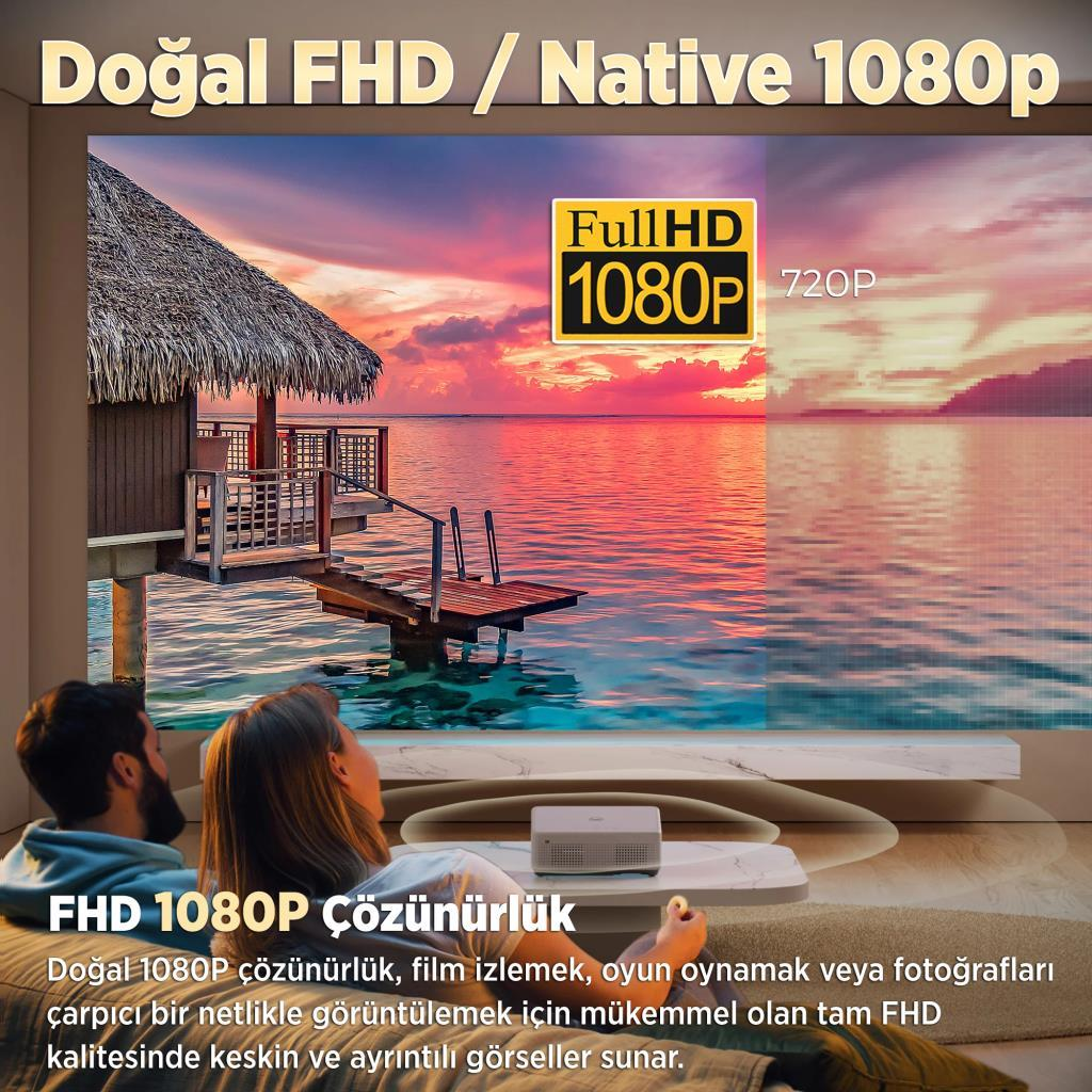 Çift, gün batımında tropikal bir tatil köyünü 1080p netliğinde gösteren projektöre bakıyor.