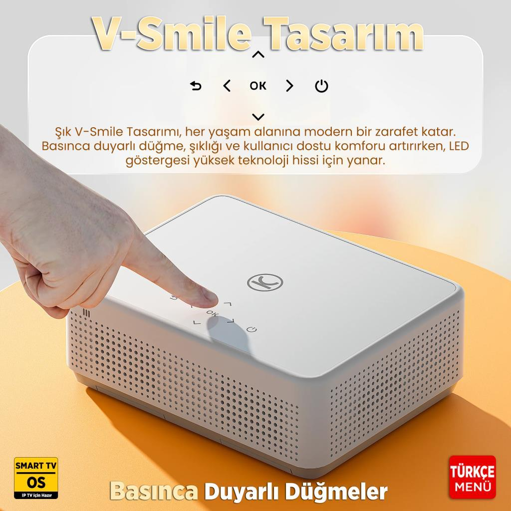 Parmak, havalandırma delikleri olan beyaz bir cihaza düğmeye basıyor.