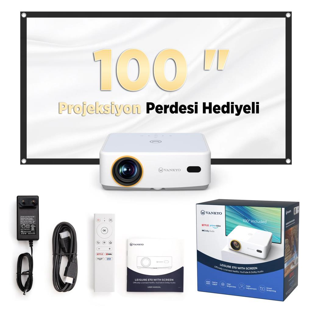 VANKYO projektör seti, 100" ekran, uzaktan kumanda, adaptör ve kablolar.