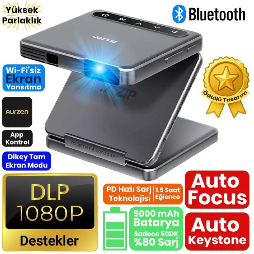 Bluetooth, Wi-Fi ekran yansıtma ve otomatik odaklamalı kompakt projektör.
