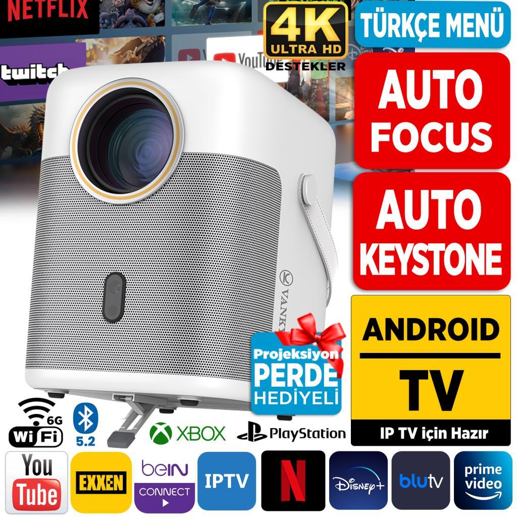 Netflix, 4K ve Android TV logolu beyaz projektör. Özellikler: Otomatik Odaklama, Otomatik Düzeltme.