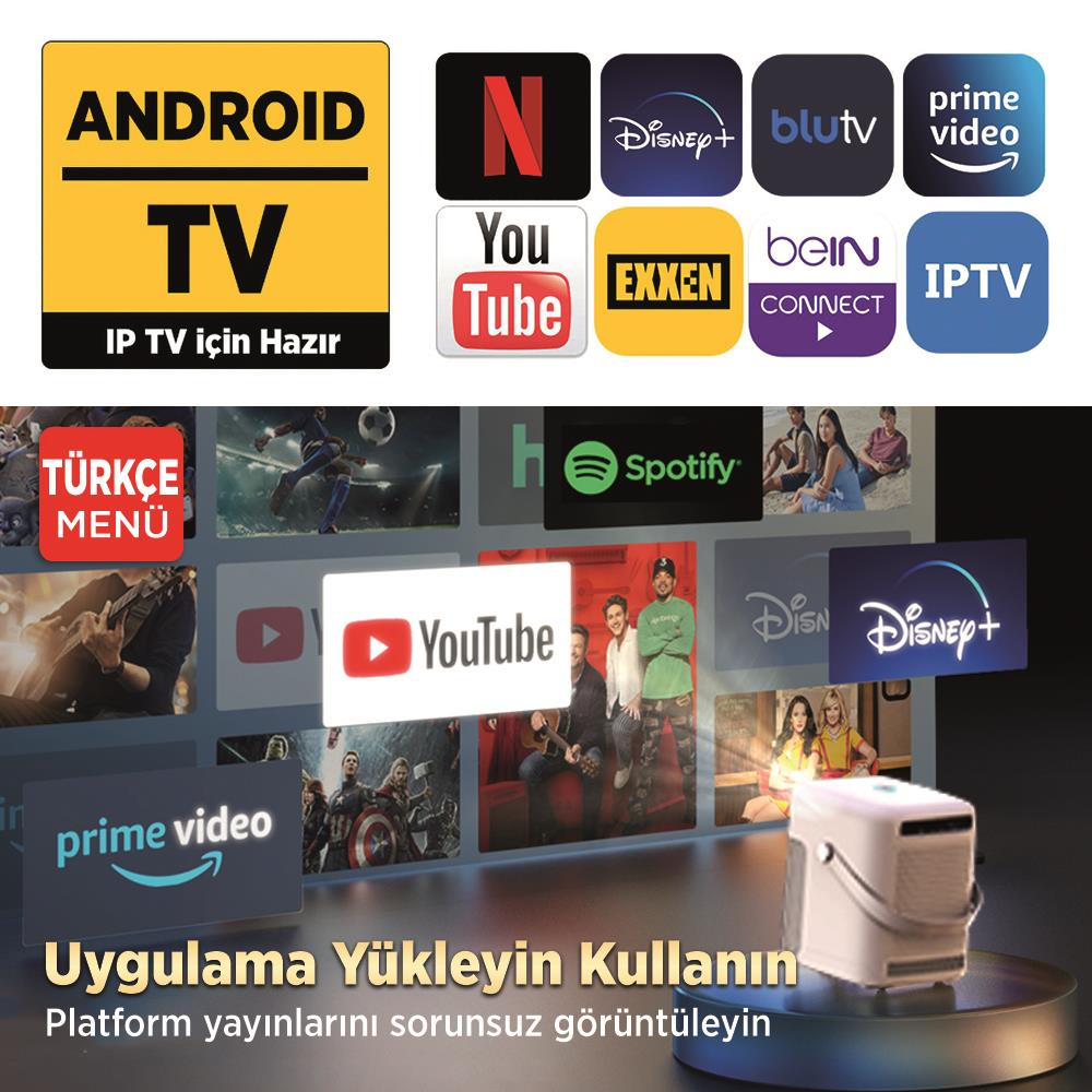 Uygulama simgeleriyle Android TV logosu. Altta uygulama önizlemeleri ve projektör bulunur.