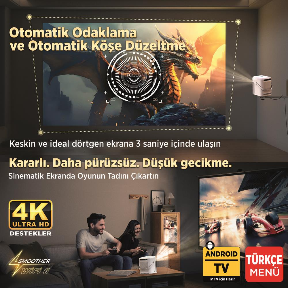 Bir projektör, bir çift oyun oynarken ekrana ejderha yansıtıyor.