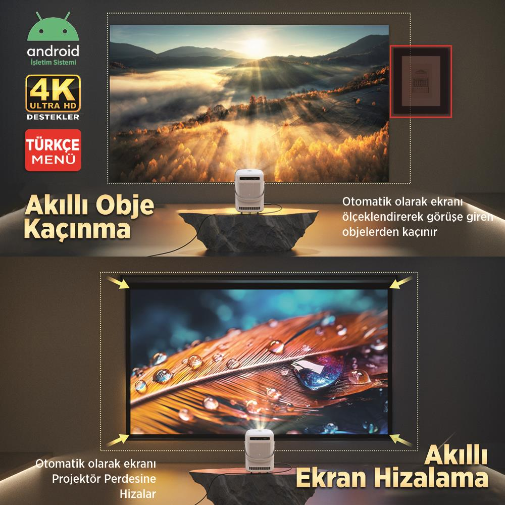 Akıllı obje kaçınma ve ekran hizalama özellikli Android 4K projektör.