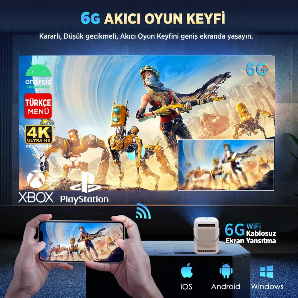 Android destekli, 4K çözünürlüklü, 6G WiFi ile oyun oynayan kişi.