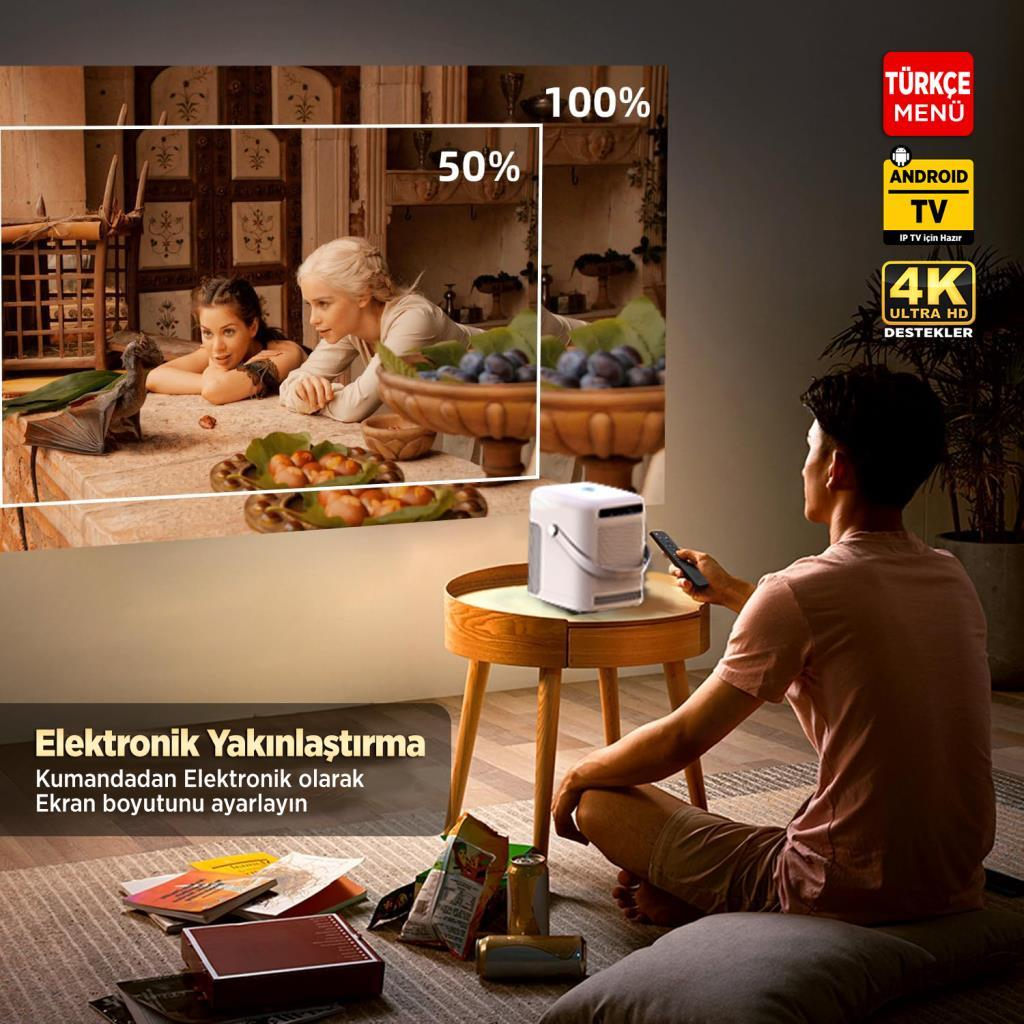 Adam projektörü kumanda ile kullanıyor; ekranda sahne. Yakınlaştırma özelliği.