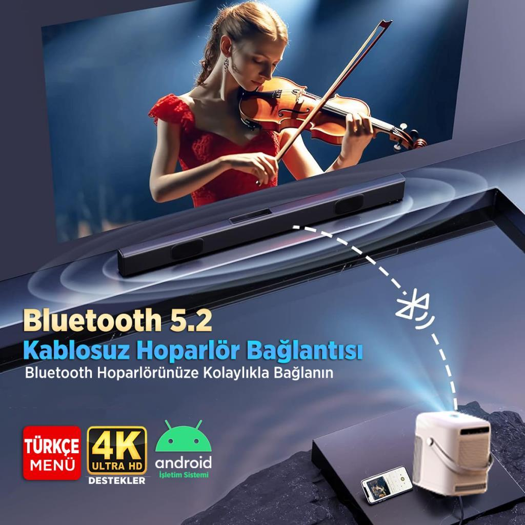 Keman çalan kadın, yakında hoparlör ve telefon, Bluetooth 5.2 gösteriliyor.