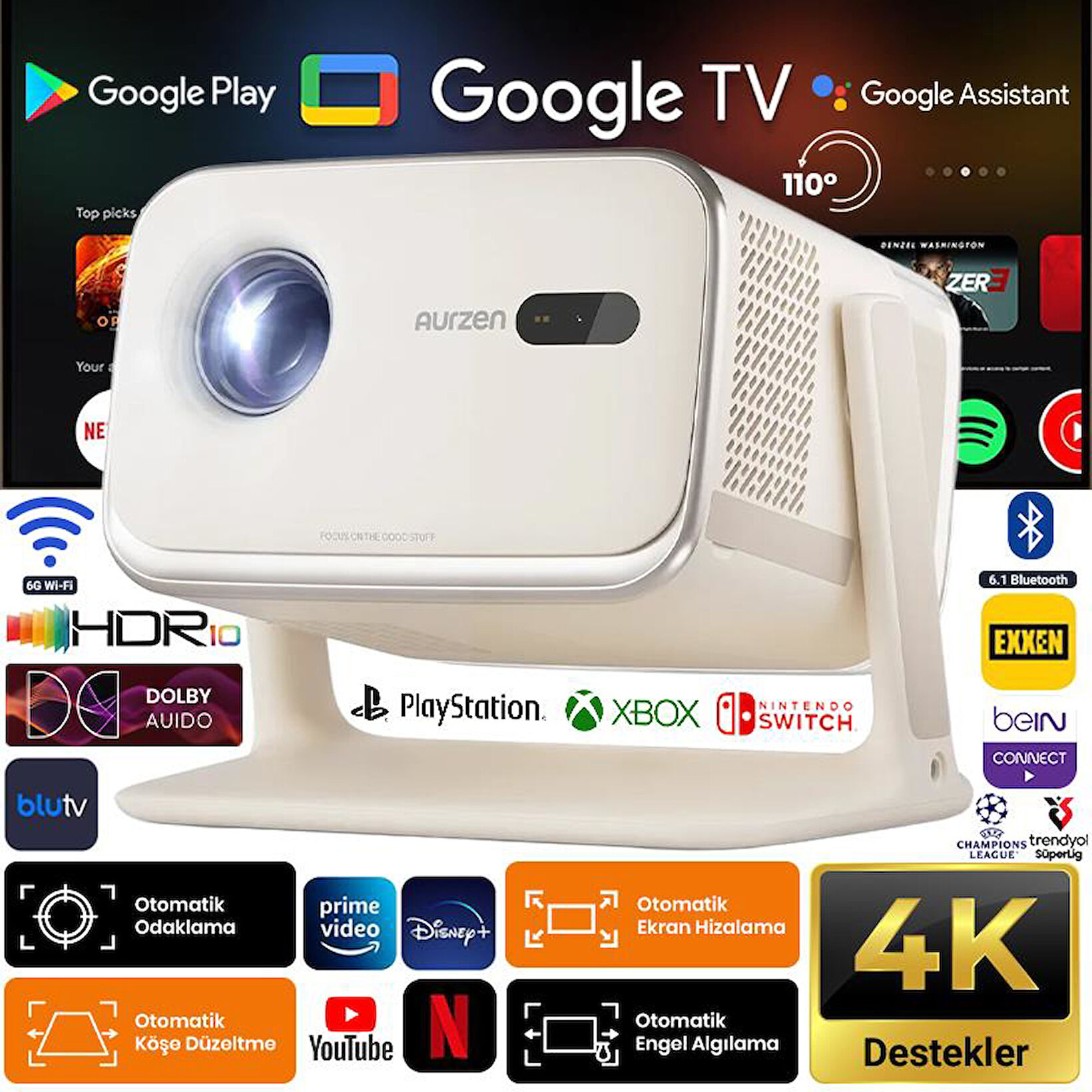Google TV'li beyaz projektör, 6G Wi-Fi, HDR10, Dolby Audio ve oyun logoları.