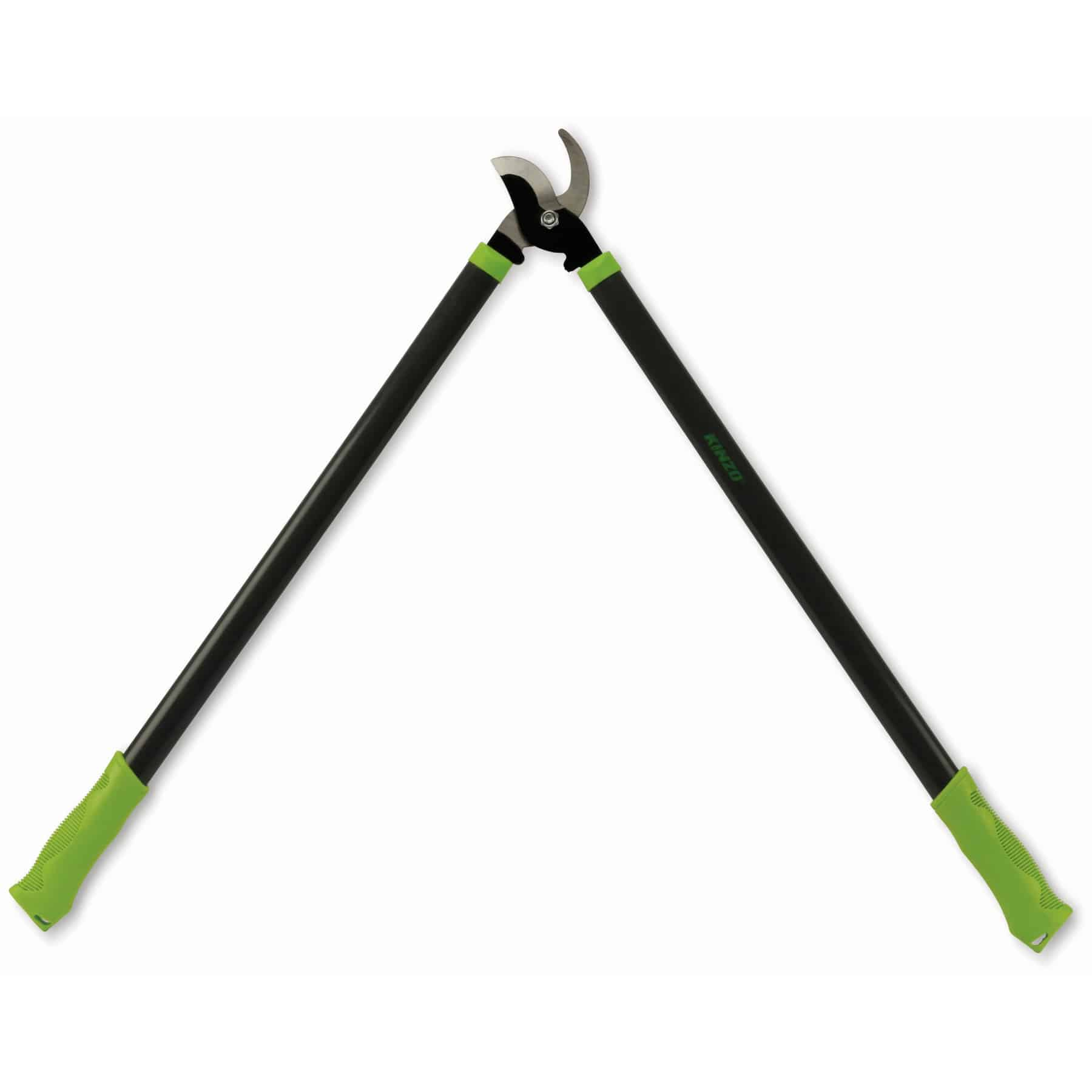 Groene handvatten, zwarte stelen en metalen snijbladen van tuinschaar.
