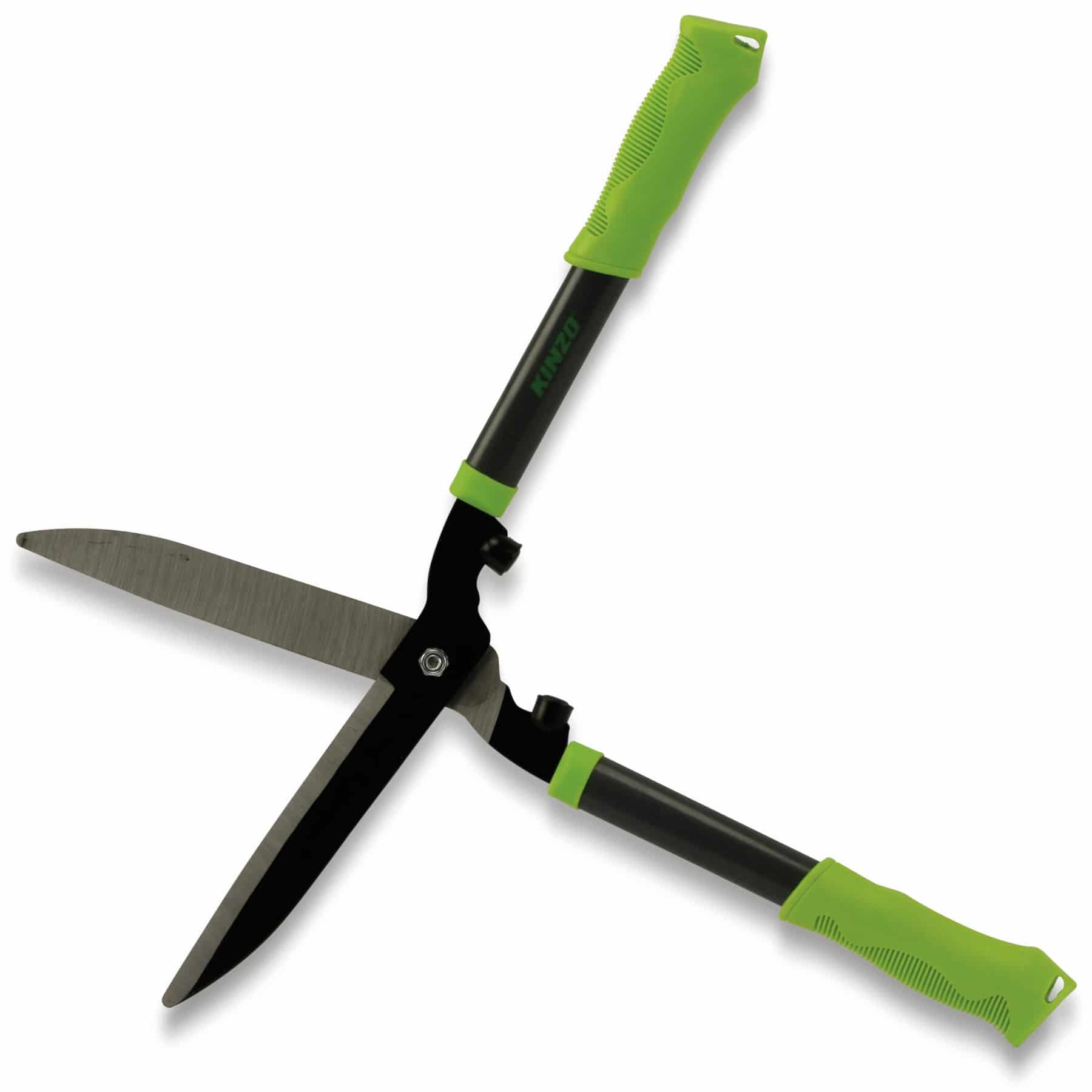 Groene heggenschaar met zwarte handvatten en bladen.