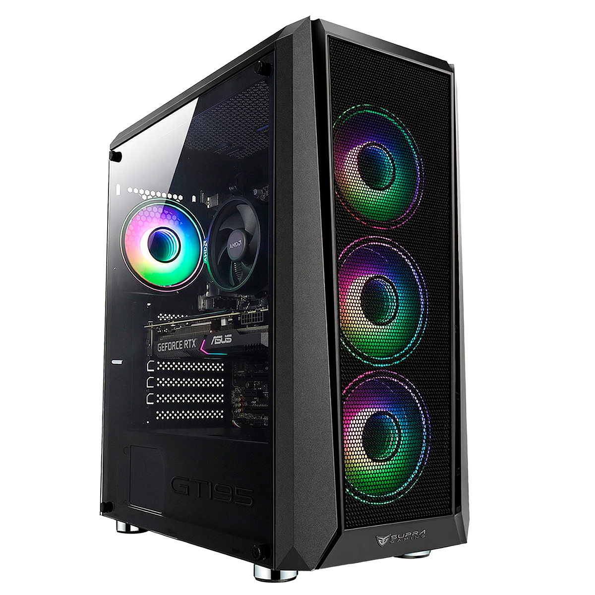 Torre de ordenador negra con lateral de cristal templado, mostrando ventiladores RGB y componentes. Frontal con tres ventiladores RGB.