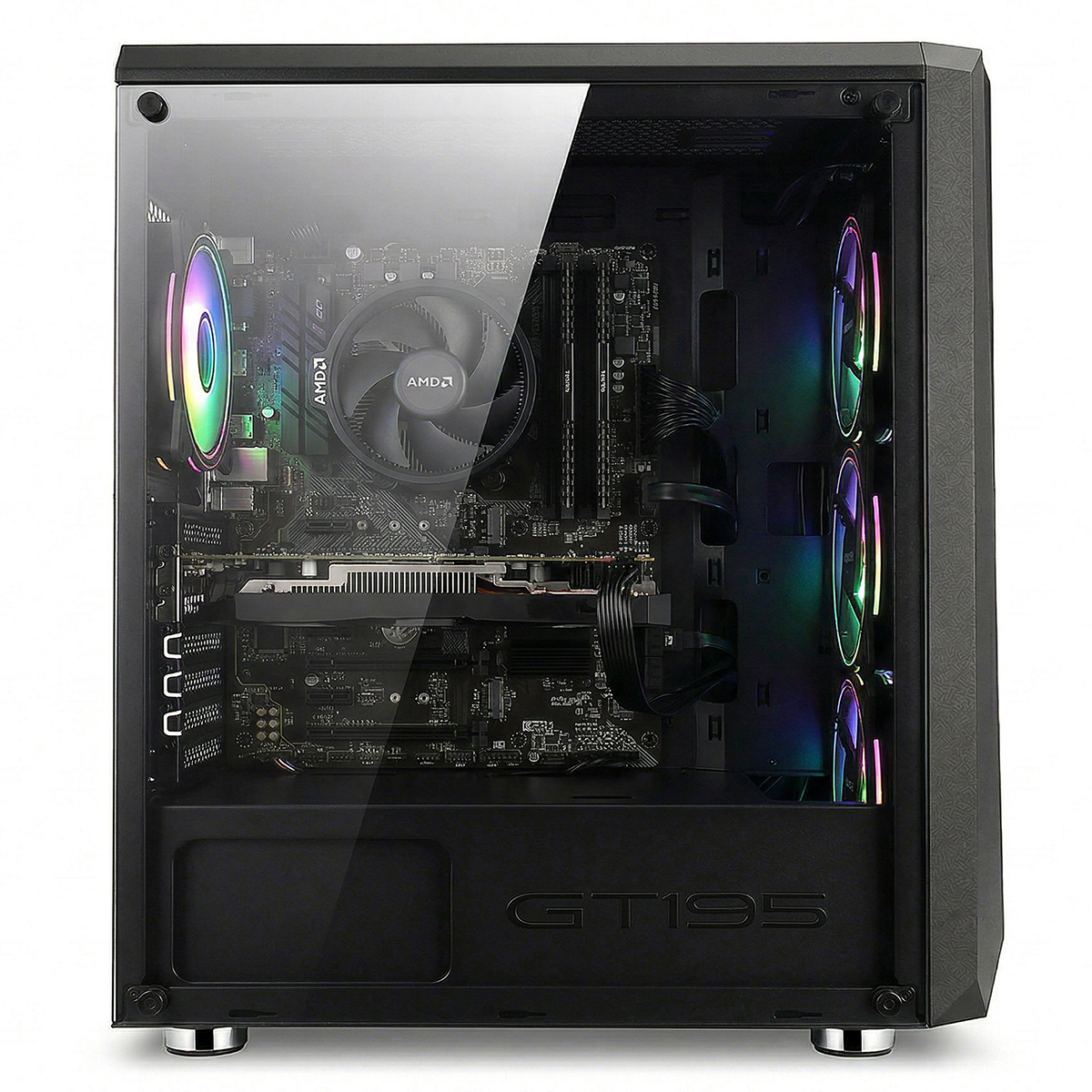 Una caja de PC abierta con ventiladores RGB, disipador AMD y tarjeta gráfica.