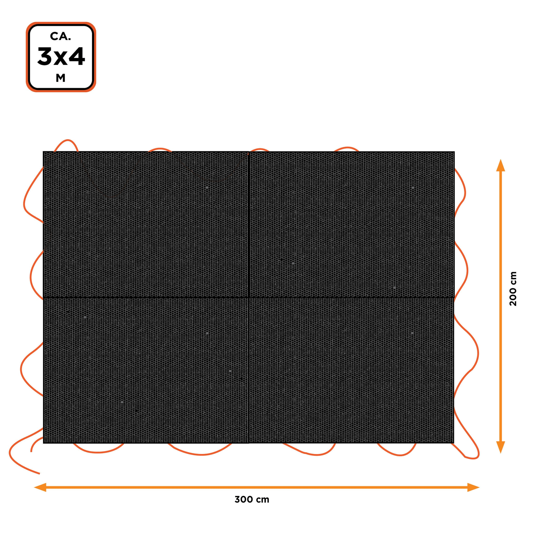 Zwart net 3x4m, met oranje koorden, afmetingen 300x200cm.