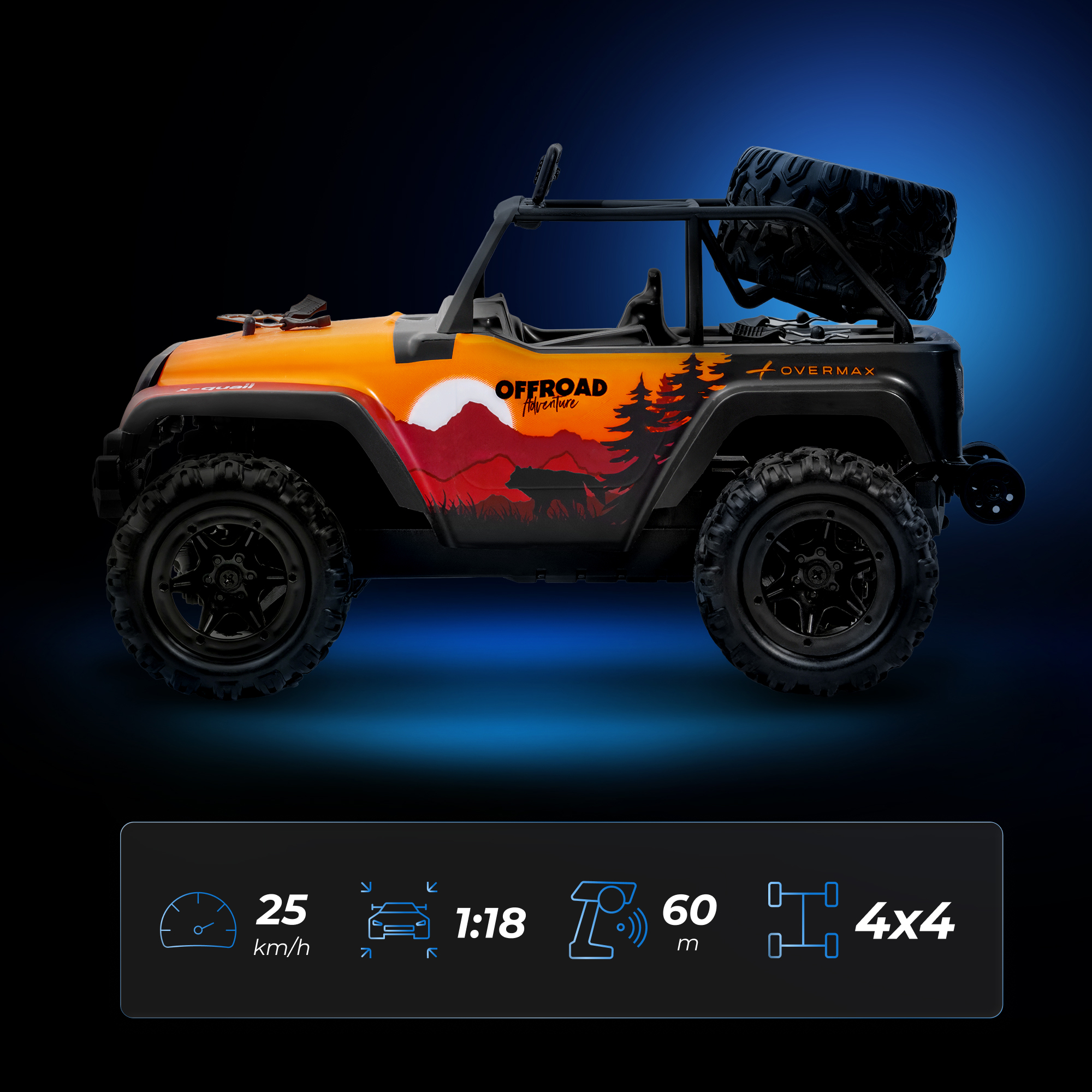 Ein orangefarner Geländewagen mit schwarzem Überrollbügel und Ersatzrad.