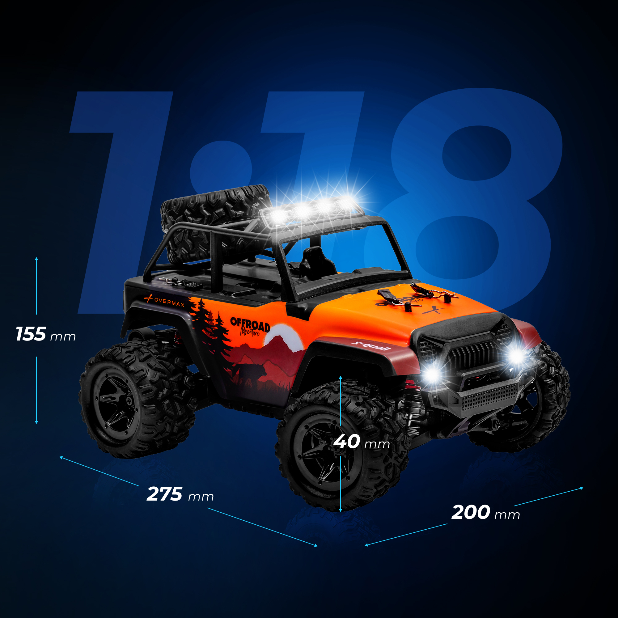Orange RC Geländewagen mit großen Reifen, LED-Lichtern und Waldgrafik. Maßstab 1:18.