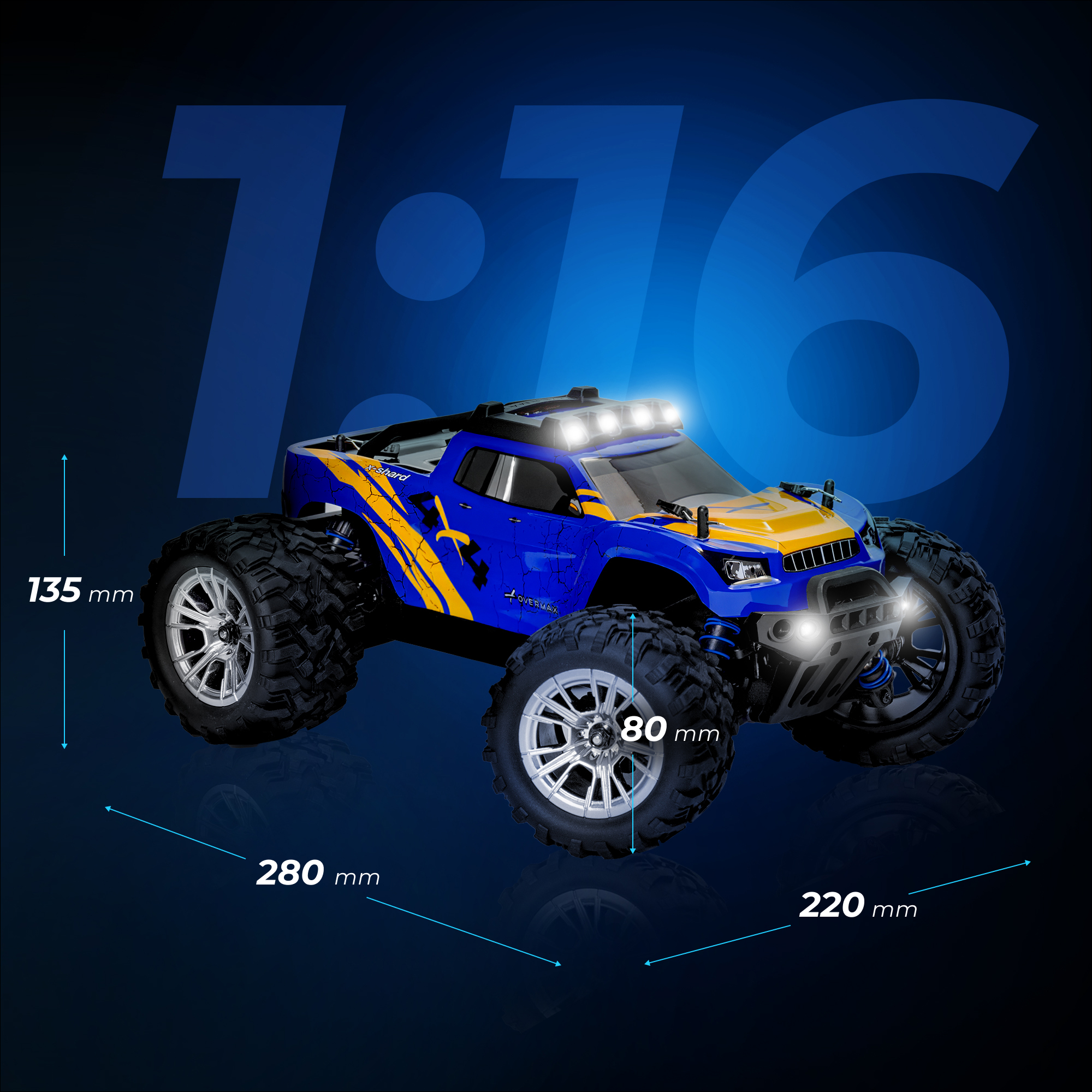 Ein blau-gelber RC-Monster-Truck mit großen Reifen und Lichtern.