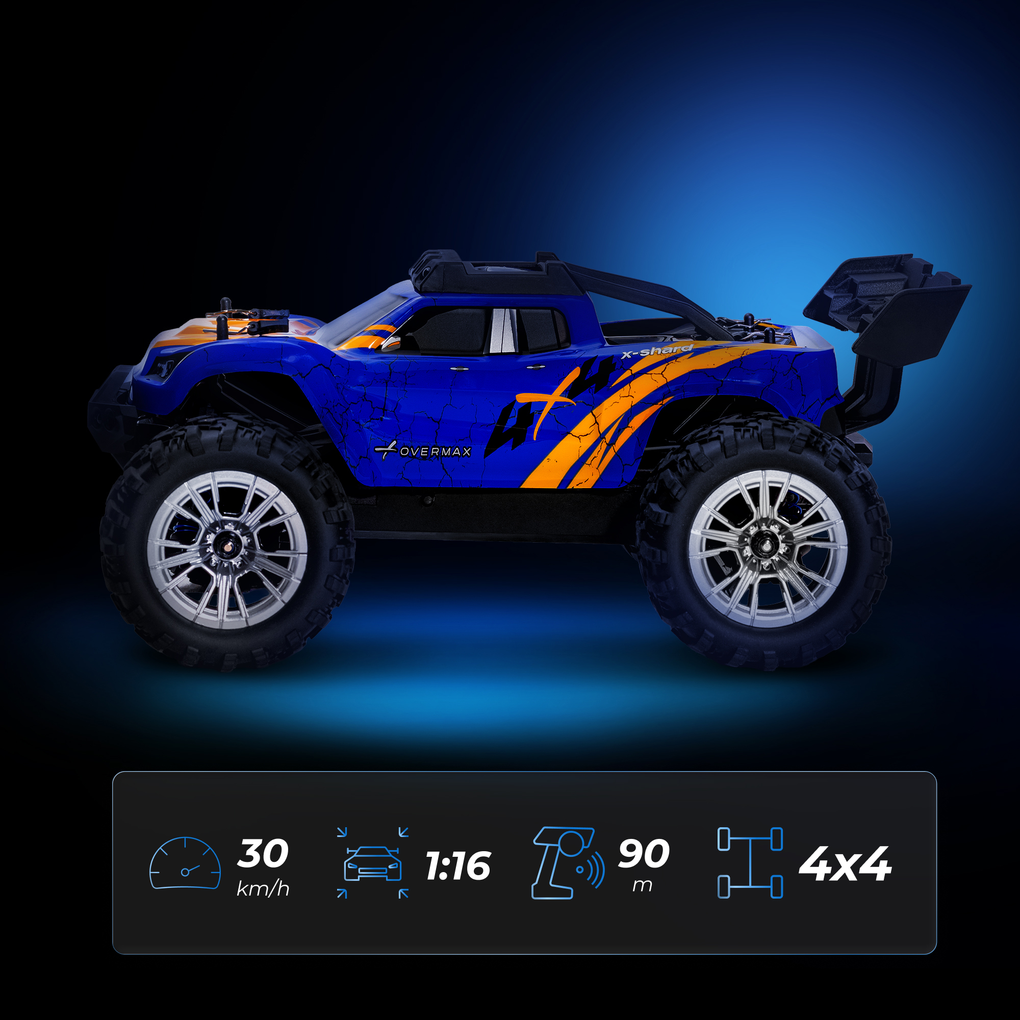Ein blau-oranges RC-Auto mit "X-shard"-Aufschrift, 30 km/h, 1:16, 90m.