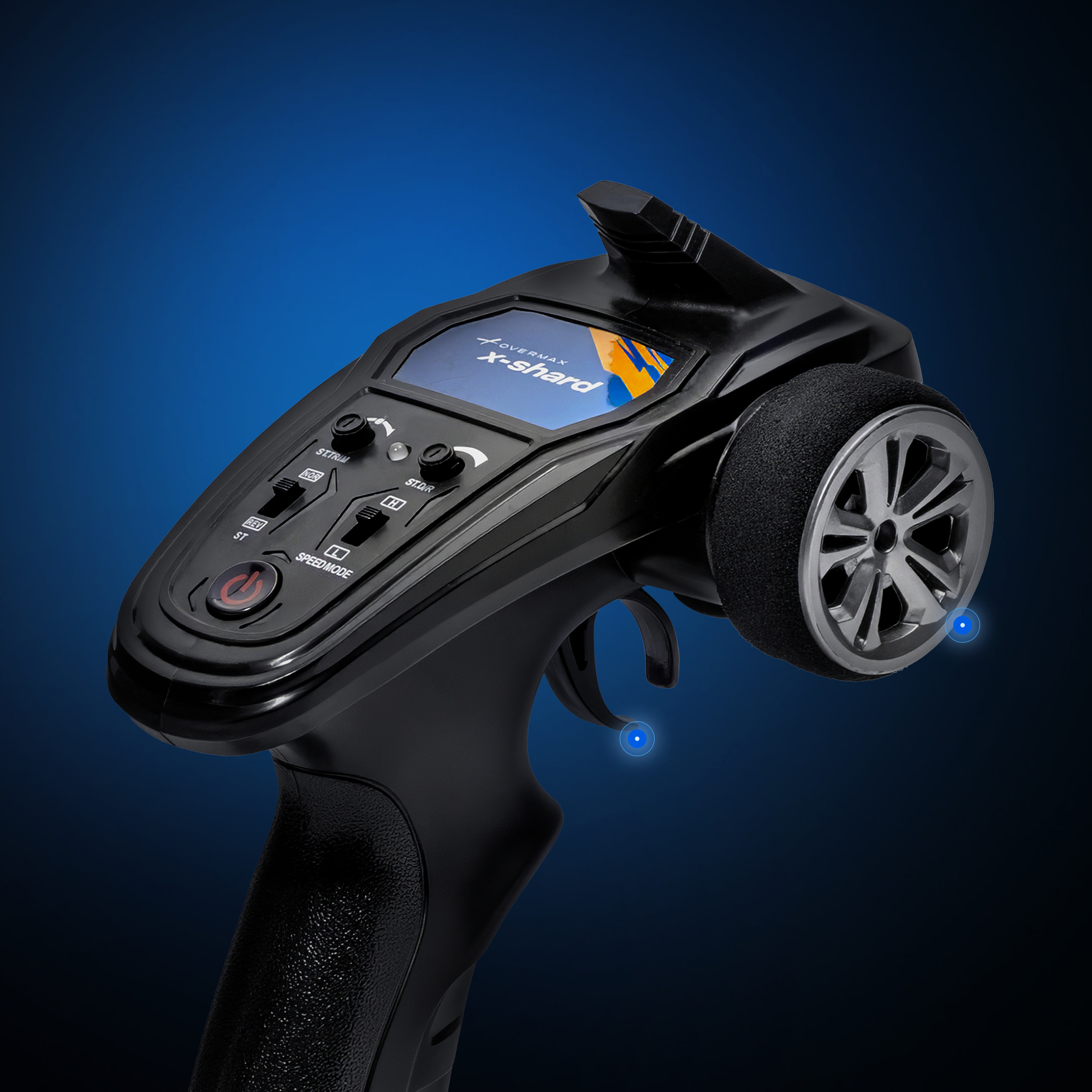 Ein schwarzer RC-Controller mit einem Rad, Bildschirm und Knöpfen.