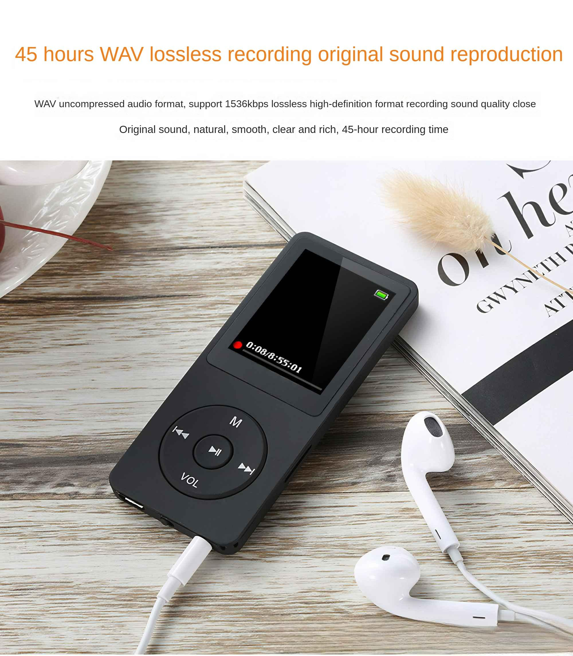 Schwarzer MP3-Player mit weißen Ohrhörern auf einem Holztisch. Bildschirm zeigt 0:08/8:55:01.
