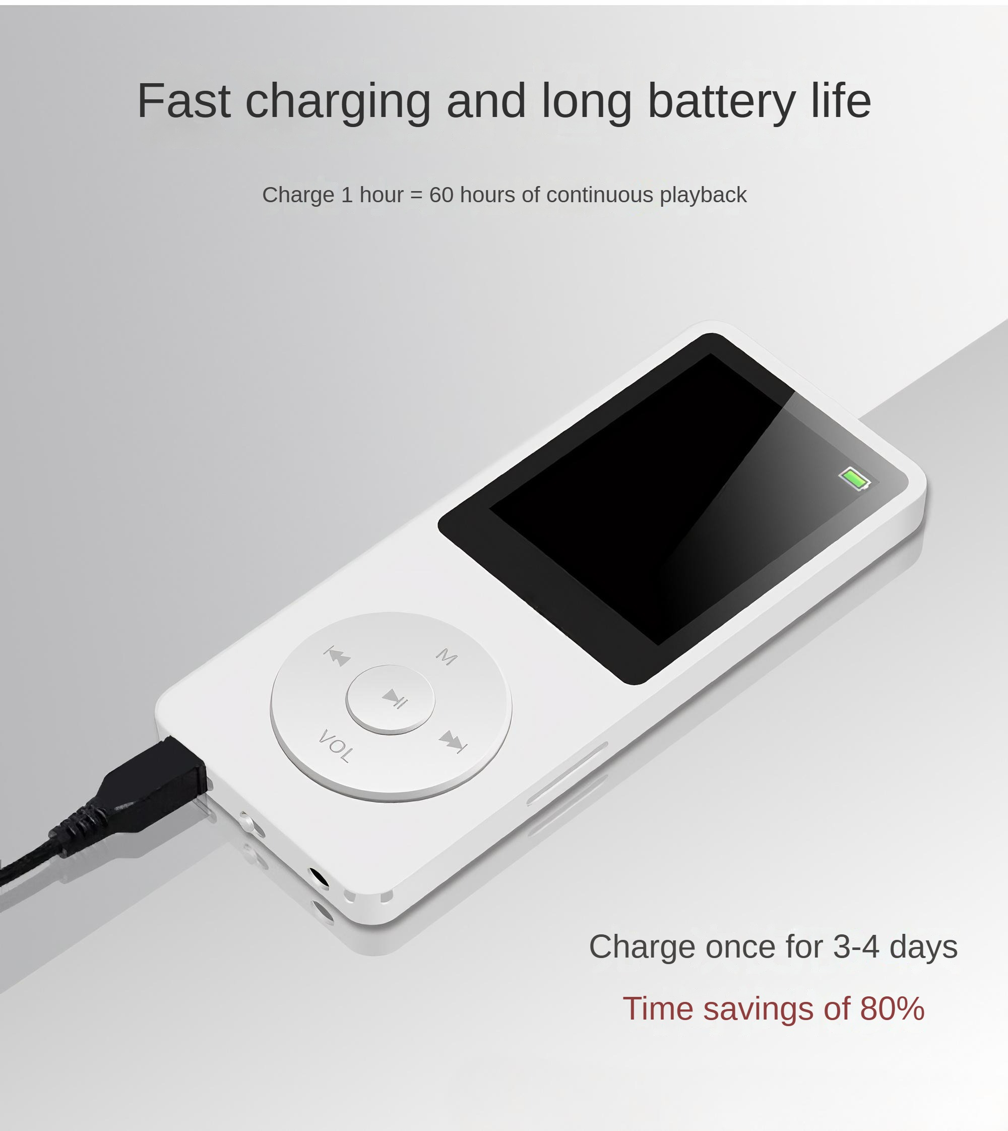 Weißer MP3-Player mit schwarzem Ladekabel und Display.