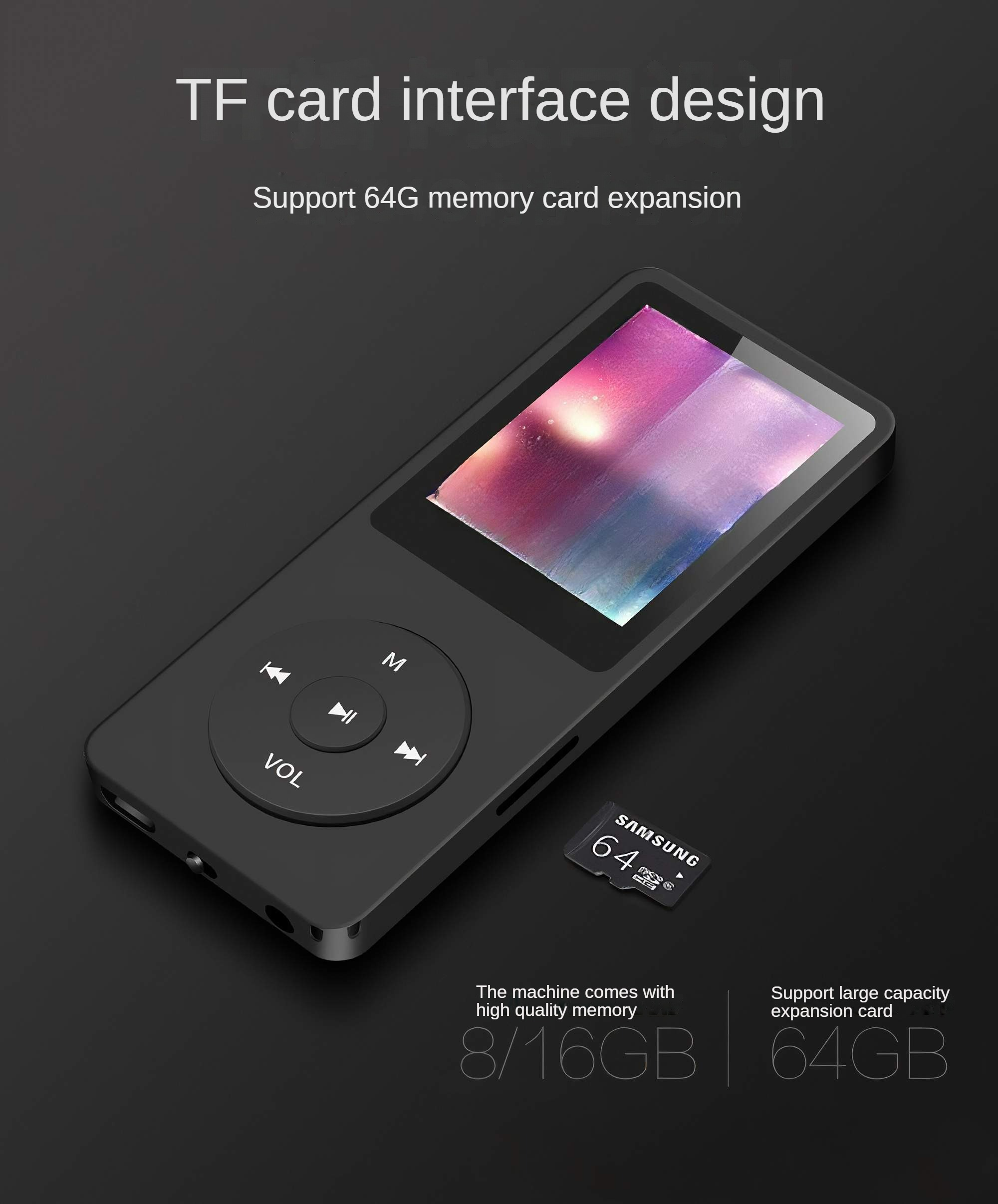 Ein schwarzer MP3-Player mit Bildschirm, Tasten und einer 64-GB-Speicherkarte daneben.