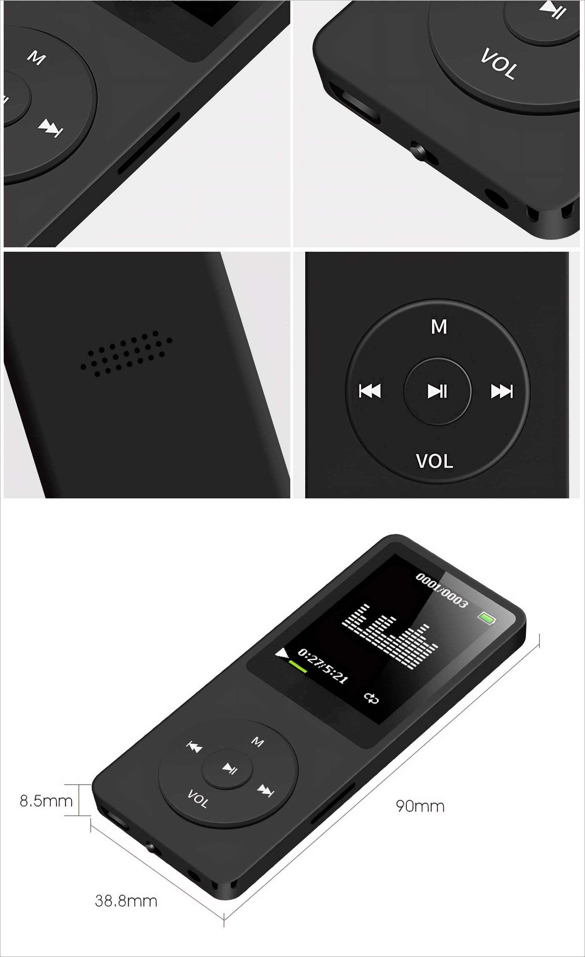 Ein schwarzer MP3-Player mit einem Bildschirm, der Musikdetails und ein kreisförmiges Bedienfeld anzeigt, mit Abmessungen.