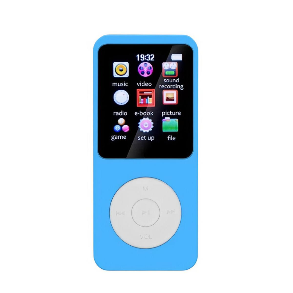 Ein blauer MP3-Player mit einem Menü aus Symbolen und Steuertasten.