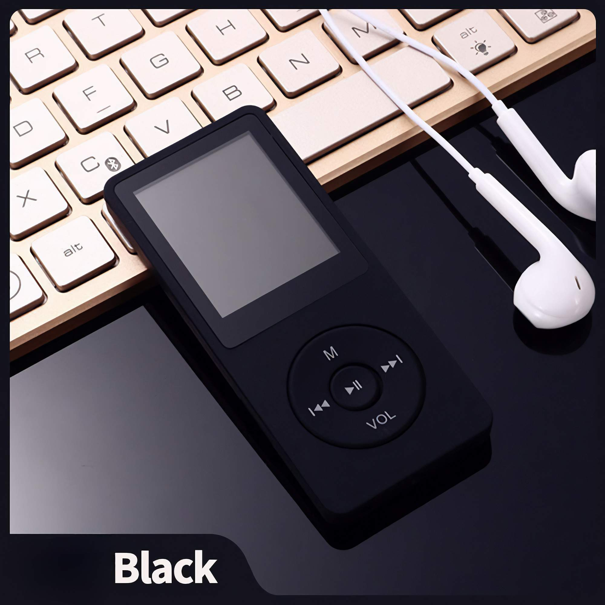 Schwarzer MP3-Player mit weißen Ohrhörern auf einer Tastatur.