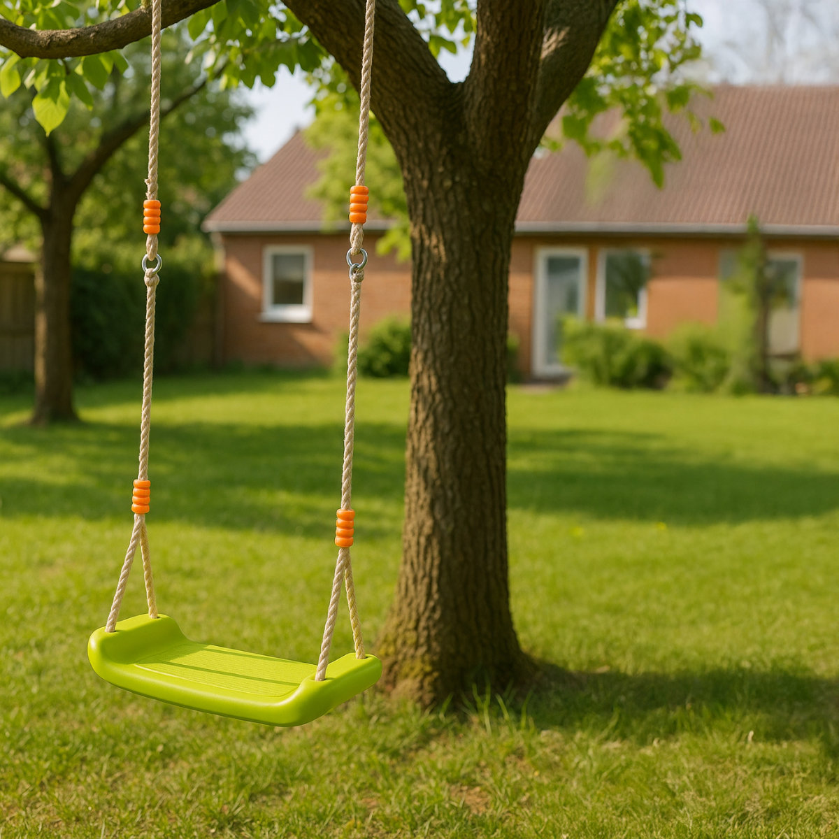 A green swing hangs from a tree in a garden, with a house in the background.