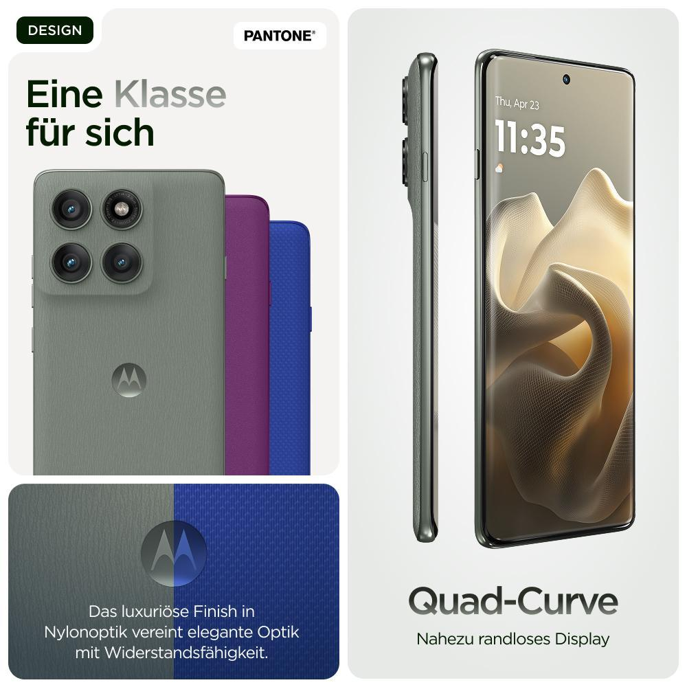 Un teléfono gris con cuatro cámaras y colores Pantone al lado. Se ve un segundo teléfono de perfil.