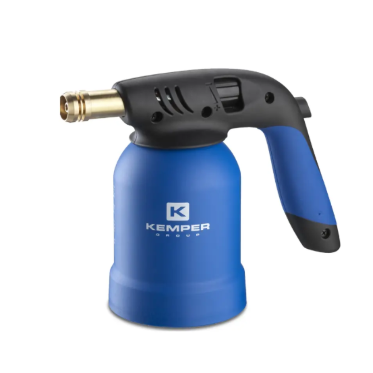 Een blauwe brander met zwart handvat en messing mondstuk, KEMPER GROUP logo.