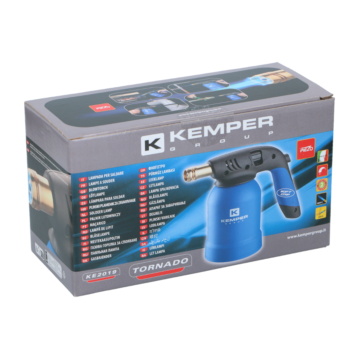 Doos met blauw-zwarte brander, Kemper Tornado model, met meertalige tekst.