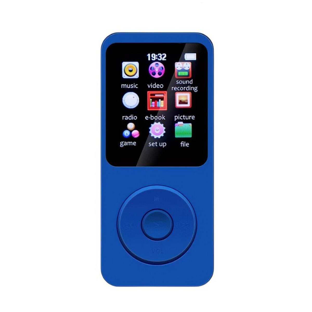 Blauer MP3-Player mit Touchscreen und Navigationstasten.