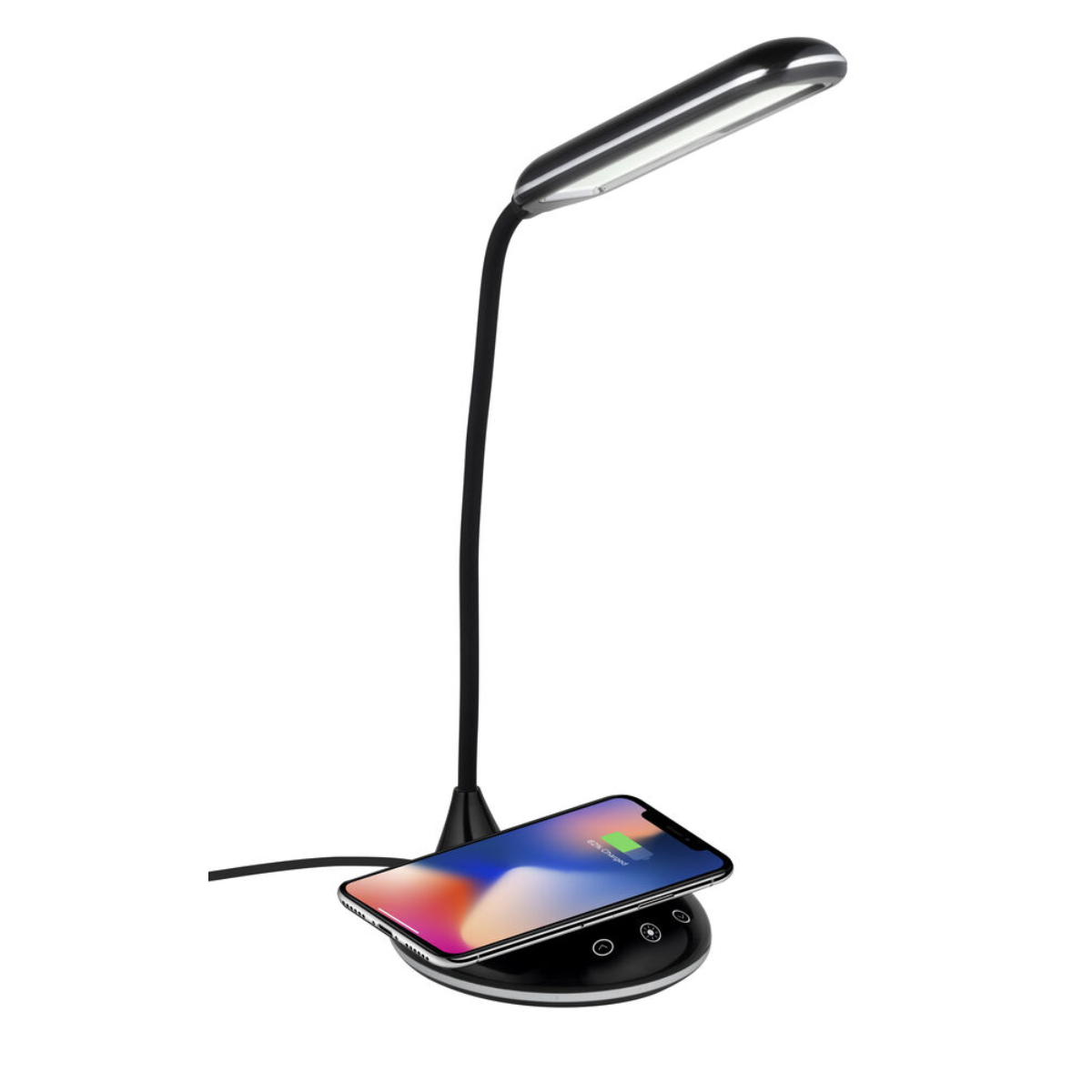 Lampe de bureau moderne à col flexible, charge un smartphone sans fil.