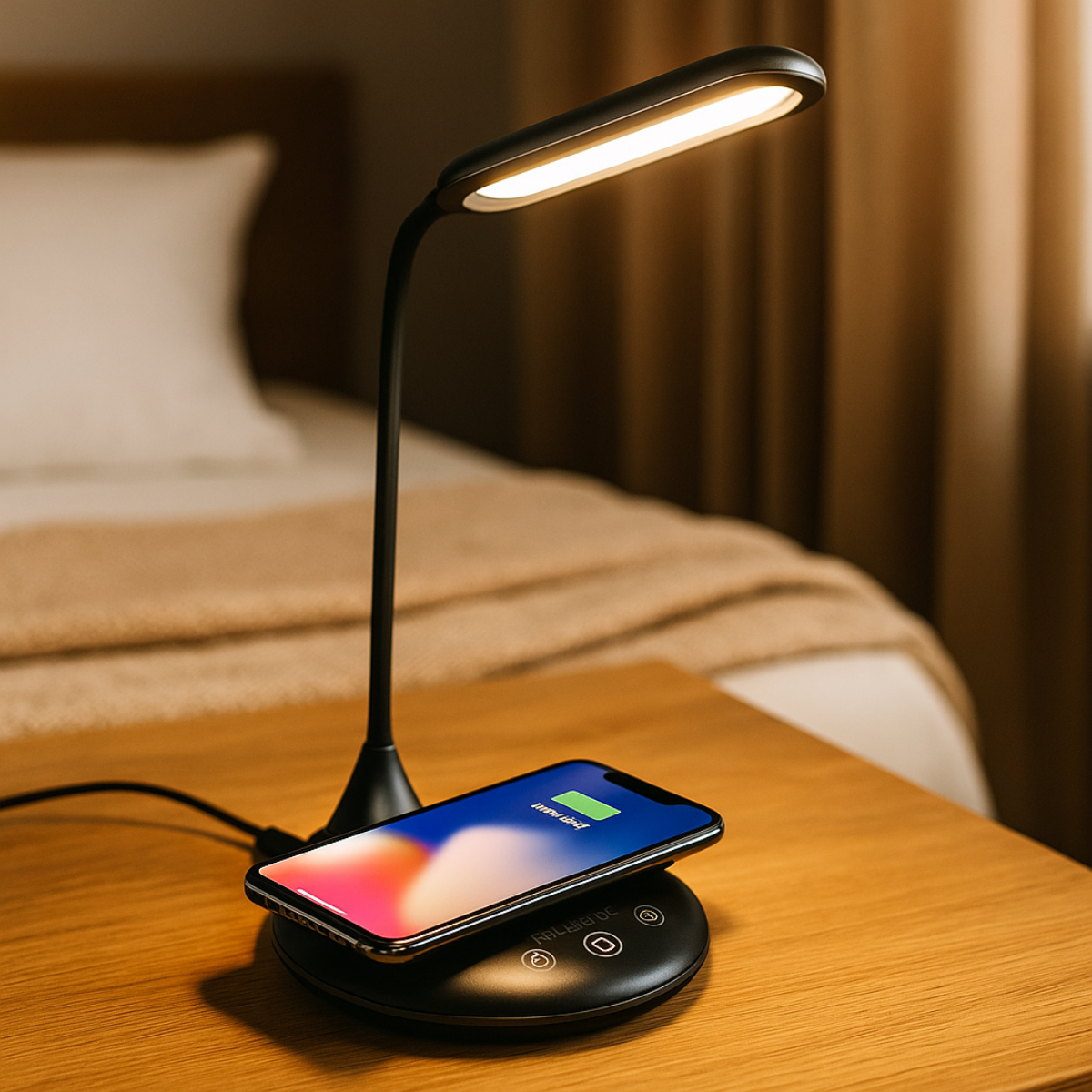 Une lampe de chevet noire avec un smartphone chargeant sur un chargeur sans fil.