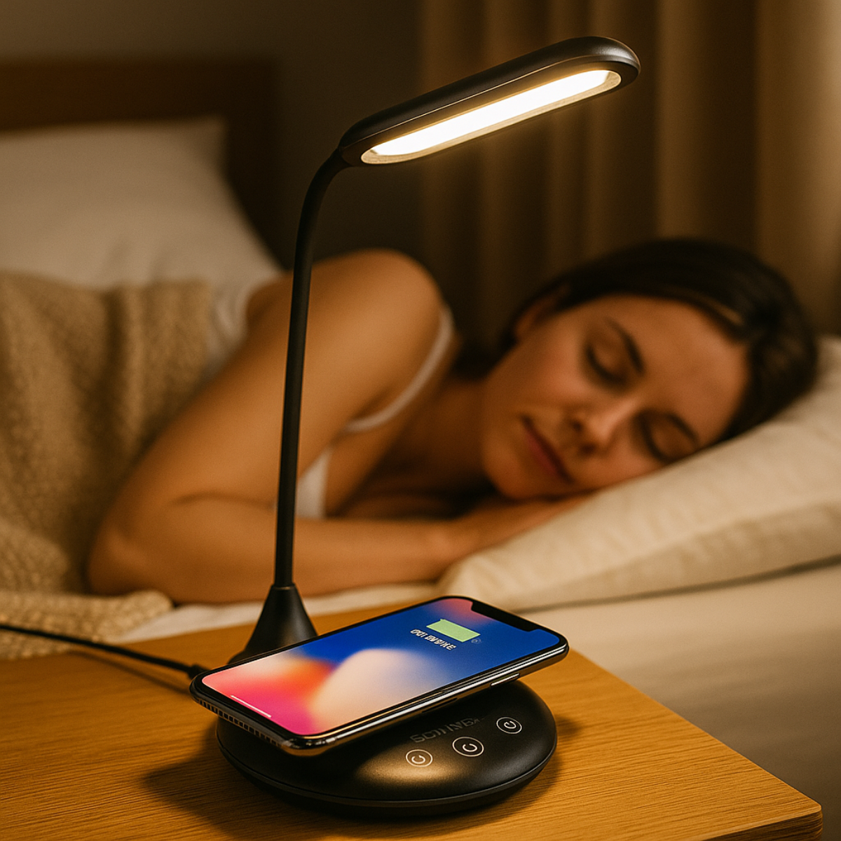 Une femme dort dans un lit à côté d'une lampe de chevet et d'un téléphone en charge.